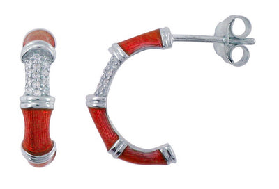 Light Red Enamel & CZ 925 Silver Open Hoop Earrings By ILLARIY