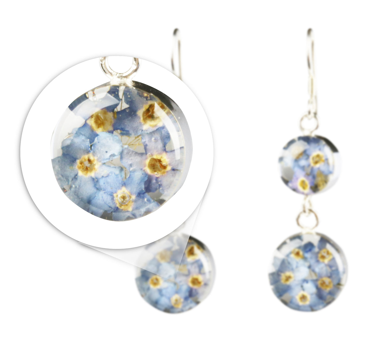 Blue Flowers 925 Silver Double Round Drop Earrings By ILLARIY