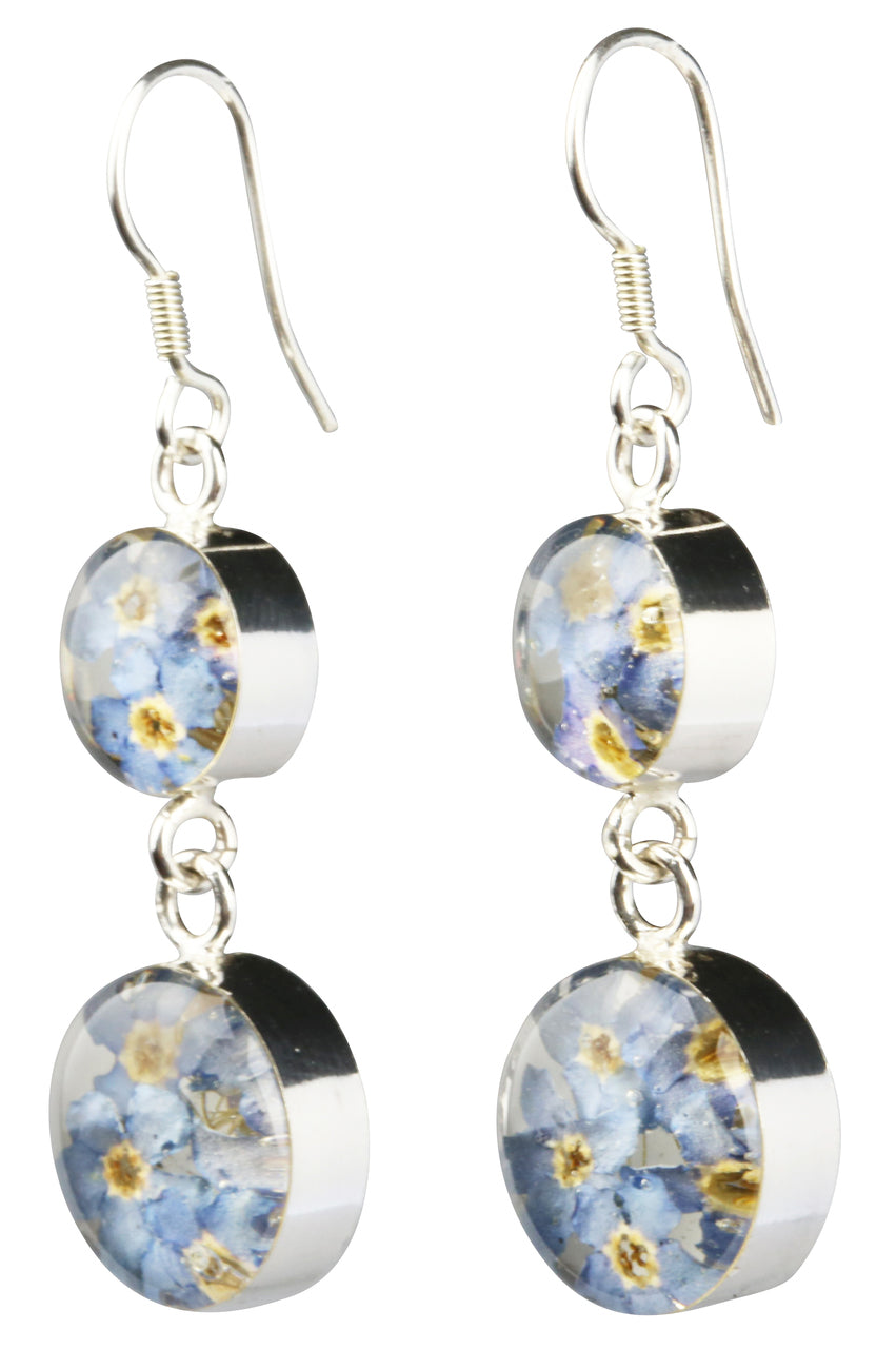 Blue Flowers 925 Silver Double Round Drop Earrings By ILLARIY