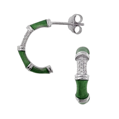 Green Enamel & CZ 925 Silver Open Hoop Earrings By ILLARIY