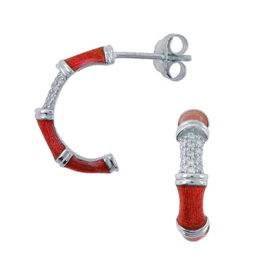 Light Red Enamel & CZ 925 Silver Open Hoop Earrings By ILLARIY